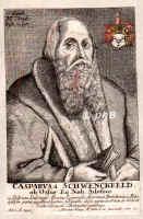 Schwenckfeld von Ossig, Kaspar, 1490 - 1561, Ossig bei Lben, Ulm, Frderer der Reformation in Schlesien. Hofrat des Herzogs Friedrich II. von Liegnitz, in Oels, Brieg, Mnsterberg, mute wegen seiner sektiererischen Lehren 1529 Schlesien verlassen, ging nach Straburg, Augsburg, Speyer, Ulm. Stud. in Kln., Portrait, KUPFERSTICH:, ohne Adresse, 17. Jh.
