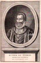 FRANKREICH: Heinrich (Henri) IV., Knig von Frankreich und Navarra, 1553 - 1610, Pau, Paris [ermordet], Regent 15891610, von Navarra 15621610 (als Enrique III.; Sohn von Antoine de Bourbon, Knig von Navarra (15181562), u. Knigin Joanna IIII. von Navarra (15291572); vermhlt 1) 1572 (Bartholomusnacht) mit Marguerite de Valois (15531615), Tochter von Knig Heinrich II., geschieden 1599, 2) 1600 mit Marie de Medici (15731642), Prinzessin von Toscana.  Erster Bourbone auf dem franzsischen Thron, Vater Ludwigs XIII. u. Grovater Ludwigs XIV., Portrait, KUPFERSTICH:, [B. Picart sc. 1729]