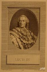 FRANKREICH: Ludwig (Louis) XV., Knig von Frankreich, 1710 - 1774, Versailles, Versailles, Regent 171574.  Urenkel u. Nachfolger Ludwigs XIV., einziger berlebender Sohn von Louis, le Petit Dauphin, duc de Bourgogne (16821712) u. Marie Adelaide von Savoyen (16851712); vermhlt 1725 mit Marie Leszcynska (17031768), Tochter von Knig Stanislaus von Polen., Portrait, , L.M. Vanloo pinx. - J.B. Fosseyeux sc. 1785.