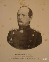 Werder, August (1879 Graf) von, 1808 - 1887, Schloberg-Norkitten (Ostpreuen), Grssow (Schlo) b.Belgard, Preussischer General. 1870 vor Straburg. Sein Standbild in Freiburg i.Breisgau., Portrait, , nach Photo. - E. Schniebs lith. (c.1870).