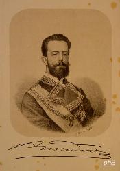 SPANIEN: Amadeus (Amadeo) I., Herzog von Aosta, Knig von Spanien, 1845 - 1890, Turin, Turin, Regent 187073, dankte ab. Haus Savoyen. Zweiter Sohn von Knig Viktor Emanuel II. von Italien (18201878) aus 1.Ehe mit Erzherzogin Adelheid von sterreich (18221855); vermhlt 1) 1867 mit Maria Vittoria del Pozzo, Prinzessin della Cisterna (18461876); 2) 1888 mit Prinzessin Marie Letizia Bonaparte (18661926) [Tochter von Amadeus' Schwester Clotilda u. Prinz Jrme  Napolon].  Nach dem Sturz der spanischen Bourbonen von den Cortes 1870 zum Knig gewhlt.  Jngerer Bruder von Knig Umberto I. von Italien (18441900 ermordet). [> SAVOYEN: Amadeo Ferdinando Maria, Portrait, , E. Moreno Esteller lith.