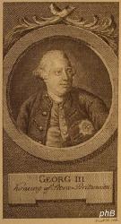 ENGLAND: Georg III. (George William Frederick), Knig von Grobritannien und Irland, Kurfrst (1814 Knig) von Hannover, 1738 - 1820, Norfolk House, Windsor Castle, Regent 17601820. ltester Sohn von Friedrich Ludwig, Prince of Wales (17071751) und Augusta von SachsenGotha (17191772); vermhlt 1761 mit Sophie Charlotte von MecklenburgStrelitz (17441818), jngste Tochter von Herzog Karl.  Folgte 1760 seinem Grovater Georg II. auf dem Thron. Blind seit 1811.  Fhrte den Krieg gegen die amerikanischen Kolonien, der 1783 deren Unabhngigkeit zur Folge hatte. Seit 1811 im Wahnsinn im Palast zu Windsor eingeschlossen. [> HANNOVER: Georg III., Portrait, , [Johan] Snack sc. 1783.