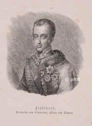 STERREICH: Ferdinand, Kaiser von sterreich u. (als Ferdinand V.) Knig von Ungarn, 1793 - 1875, Wien, Prag, Regent 183548. ltester Sohn u. Nachfolger von Kaiser Franz. I. (17681835) aus 2.Ehe mit Maria Theresa von NeapelSizilien (17721807); vermhlt 1831 mit Maria Anna von Savoyen (18031884), Tochter von Knig Viktor Emanuel I. von Sardinien.  Dankte in der Revolution 1848 zugunsten seines Neffen Franz Joseph (18301916) ab u. zog sich nach Prag zurck., Portrait, HOLZSCHNITT:, [ in Bearbeitung ]