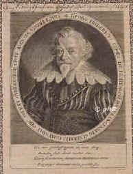 HOHENLOHE: Georg Friedrich, Graf von Hohenlohe und Gleichen, in Weikersheim, 1569 - 1647, Neuenstein, Langenburg, ltester Sohn von Wolfgang von Hohenlohe, Graf von Hohenlohe in Weikersheim, 1606 in Langenburg  (15691647), u. Magdalena von NassauDillenburg (15471643); vermhlt1) 1607 Frstin Eva von Waldstein (+1631), 2) 1633 Grfin Maria Magdalena von ttingenttingen (16001636).  Protestantischer General, 1620 Kommandant in der Schlacht am Weien Berg, 1621 gechtet (Kstrin, Wolfenbttel, Magdeburg, Bremen, Emden), 1631 Generalstatthalter Gustav Adolfs in Augsburg., Portrait, KUPFERSTICH:, [Merian exc.]