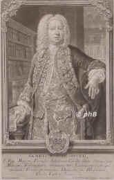 Cocceji, Samuel (1749 Freiherr von), 1679 - 1755, Heidelberg, Berlin, Jurist, Professor in Frankfurt an der Oder, Direktor der Regierung in Halberstadt, Subdelegierter in Wetzlar, Reorganisator des Justizwesens in Ostfriesland, in Schlesien, Pommern und der Mark. 1745-47 in Stettin und Kslin, 1747 Grokanzler.  Reformer und Vereinheitlicher des preu. Rechtswesens., Portrait, SCHABKUNST:, Rosina Lysiesky pinx.   J. Jac. Haid sc. 1741.