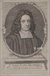 Breithaupt, Joachim Justus, 1658 - 1732, Northeim, Bergen (Kloster) bei Magdeburg, Lutherischer Theologe. Freund und Frderer von August Hermann Francke. Konrektor in Wolfenbttel, 1681 Prof. in Kiel, 1685 Hofprediger in Meiningen, 1687 Senior in Erfurt, 1691 Prof. in Halle, 1705 Generalsuperintendent in Magedeburg, 1709 Abt des Klosters Bergen bei Magdeburg., Portrait, KUPFERSTICH der Zeit:, ohne Adresse