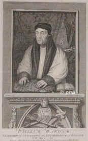 Warham, William,  - 1532, , , Erzbischof von Canterbury, Lordkanzler unter Heinrich VIII., Portrait, KUPFERSTICH:, Holbein pinx. –  G. Vertue sc. 1737.