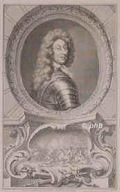 Schomberg, Frdric-Armand (1674 duc) de (eig. Friedrich Hermann von Schnberg), 1615 - 1690, Heidelberg, in der Schlacht am Boyne (Irland), Heerfhrer. Studium in Sedan u. Leiden. Kmpfte seit 1633 unter Friedrich Heinrich von Oranien, dann unter den Schweden, seit 1651 in franzs. Kriegsdiensten, 1675 Marchal de France, Oberbefehlshaber in Portugal, trat 1687 in kurbrandenburgische Dienste als Generalissimus der Armee, Statthalter in (Ost)Preuen, 1688 Begleiter Wilhelms III. von Oranien nach England, englischer General, erhielt den Titel Duke. Hatte Besitzungen in Geisenheim und Schnburg (Oberwesel)., Portrait, KUPFERSTICH / RADIERUNG:, G. Kneller pinx.   J. Houbraken sc. 1739.