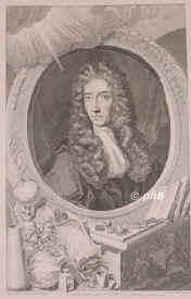 Boyle, Robert, 1627 - 1691, Lismore Castle, London, Irischer Chemiker und Physiker. 1654 in Oxford, seit 1668 in London. – Begründer der Chemie als Wissenschaft., Portrait, KUPFERSTICH / RADIERUNG:, J. Kersseboom pinx. –  G. Vertue sc. 1739.