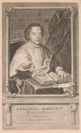 Martinnez, Manuel (lat. Emmanuel Martinus), 1663 - nach 1741, Oropesa bei Valencia, , Spanischer neulatein. Dichter, Philologe, Archologe, Numismatiker. 1685 nach Rom zur Erlernung des Griechischen, 1689 Bibliothekar des span. Kardinals Aguirre, dann Dechant in Alicante., Portrait, SCHABKUNST:, Ph. Endlich pinx.   J. J. Haid exc.