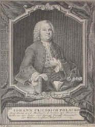 Polack, Johann Friedrich, 1700 - 1772, Bernstadt (Oberlausitz), Frankfurt an der Oder, Jurist, Mathematiker u. Kameralist. 1730 Professor in Frankfurt an der Oder. Mitglied der Berliner Akademie der Wissenschaften., Portrait, KUPFERSTICH:, T. E. Huber jun. del. 1755.   J. C. G. Fritzsch sc.