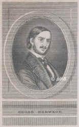 Herwegh, Georg, 1817 - 1875, Stutgart, Baden-Baden, Politischer Schriftsteller. Redakteur in Stuttgart, Konstanz, 1841 in Zrich, 1842 Jena, Weimar, Berlin, Knigsberg, Stettin, Frankfurt am Main, 1843 Frankreich, drang 1848 mit einer Schar Revolutionre in Baden ein, wurde bei Schopfheim in die Flucht getrieben., Portrait, KUPFERSTICH:, ohne Knstleradresse