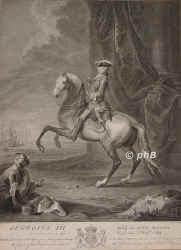 ENGLAND: Georg III. (George William Frederick), Knig von Grobritannien und Irland, Kurfrst (1814 Knig) von Hannover, 1738 - 1820, Norfolk House, Windsor Castle, Regent 17601820. ltester Sohn von Friedrich Ludwig, Prince of Wales (17071751) und Augusta von SachsenGotha (17191772); vermhlt 1761 mit Sophie Charlotte von MecklenburgStrelitz (17441818), jngste Tochter von Herzog Karl.  Folgte 1760 seinem Grovater Georg II. auf dem Thron. Blind seit 1811.  Fhrte den Krieg gegen die amerikanischen Kolonien, der 1783 deren Unabhngigkeit zur Folge hatte. Seit 1811 im Wahnsinn im Palast zu Windsor eingeschlossen. [> HANNOVER: Georg III., Portrait, KUPFERSTICH:, Adolphe pinx.   B. Baron sc. [ca. 1760]