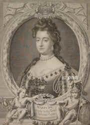 ENGLAND: Maria (Mary) II. Stuart, Knigin von England und Schottland, 1662 - 1694, St. James's Palace, Kensington Palace, Regentin 168994. lteste Tochter von Knig Jakob II. (16331701) aus 1.Ehe mit Lady Anne Hyde (16381671); vermhlt 1677 mit ihrem Vetter Prinz Wilhelm III. von Oranien, Knig von England u. Schottland, Statthalter der Niederlande (16501702).   1689 Annahme der Knigskrone gemeinsam mit ihrem Gatten Wilhelm III., Portrait, KUPFERSTICH:, G. Kneller ad vivum pinx. - [G. Valck sc.?]