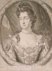 ENGLAND: Maria (Mary) II. Stuart, Knigin von England und Schottland, 1662 - 1694, St. James's Palace, Kensington Palace, Regentin 168994. lteste Tochter von Knig Jakob II. (16331701) aus 1.Ehe mit Lady Anne Hyde (16381671); vermhlt 1677 mit ihrem Vetter Prinz Wilhelm III. von Oranien, Knig von England u. Schottland, Statthalter der Niederlande (16501702).   1689 Annahme der Knigskrone gemeinsam mit ihrem Gatten Wilhelm III., Portrait, SCHABKUNST:, P. Schenck fec. Amsteld. 1691
