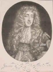 ENGLAND: Jakob (James) II., Knig von England u. (als James VII.) von Schottland, 1633 - 1701, St James' Palace, St Germain-en-Laye, Regent 168589, Dynastie Stuart.  Zweiter (3.) Sohn von Knig Karl I. (16001649) u.Henriette Marie von Frankreich (16091669); vermhlt 1) 1659 mit Anne Hyde (16381671), Tochter des 1.Earl of Clarendon, 2) 1673 Maria Beatrice Eleonora d'Este, Prinzessin von Modena (16581718).  Nachfolger seines Bruders Karl II. (16301685).  1689 durch seinen Schwager Wilhelm III. von Oranien vertrieben (