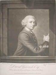 Garrick, David, 1716 - 1779, Hereford, bei London, Englischer Schauspieler, Theaterdirektor und dramatischer Dichter, ursprnglich Weinhndler. Debutierte 1741 in Ipswich, 1742 u. 1745/46 in Dublin, 174776 Eigentmer des Drury Lane Theatre in London.   Berhmt fr seine Darstellung von Shakespeare-Charakteren., Portrait, MEZZOTINTO:, J.E. Liotard pinx.   J. MacArdell fec.