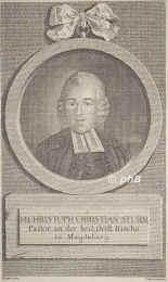 Sturm, Christoph Christian, 1740 - 1786, Augsburg, Hamburg, Lutherischer Theologe. Naturalist. Prediger, Schriftsteller u. Kirchenliederdichter. 176365 Lehrer am Pdagogium der Franckeschen Anstalten in Halle, in Sorau, 1769 Prediger in Magdeburg, 1778 Hauptpastor an St.Petri in Hamburg., Portrait, KUPFERSTICH:, Ringin pinx.   Liebe sc.