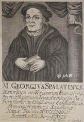 Spalatin (Spalatinus), Georg (eig. Burkhardt), 1484 - 1545, Spalt (daher Spalatinus) im Bistum Eichsttt, Altenburg, Theologe, Historiker, Befrderer der Reformation. Stud. in Erfurt gleichzeitig mit Luther. In Georgental, Altenburg, Schmalkalden. 1509 Erzieher des Kurprinzen Johann Friedrich von Sachsen, 1514 Hofkaplan Friedrichs des Weisen, Bibliothekar an der Universitt Wittenberg, seit 1525 Ortspfarrer u. Superintendent von Altenburg., Portrait, KUPFERSTICH:, J. G. Gbel sc. Gothae.