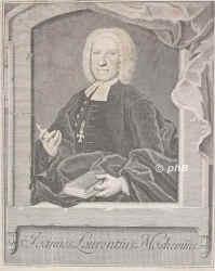 Mosheim, Johann Lorenz von, 1693 - 1755, Kiel, Gttingen, Theologe, Magister in Kiel, Prof. in Helmstedt, Konsist.Rat in Braunschweig, Abt von Marienthal und Michaelstein, 1747 Kanzler d. Universitt Gttingen., Portrait, KUPFERSTICH:, J. G. Frling pinx. Helmst.  J. M. Bernigeroth sc. 1742.