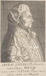 PAPST: Pius II. (Enea Silvio de Piccolomini), , 1405 - 1464, Corsignano (Pienza) bei Siena, Ancona, Regent 145864. Humanist. 1432 Sekretr auf dem Konzil zu Basel, 1442 des Kaisers Friedrich III., von diesem zum Dichter gekrnt, 1447 Bischof von Tarent, 1449 von Siena, 1456 Kardinal, 1458 Papst.Schriftsteller, Humanist., Portrait, KUPFERSTICH:, Brhl sc.