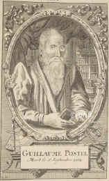 Postel, Guillaume, 1510 - 1581, Dolerie bei Barenton (Manche), Paris, Franzsischer Mathematiker, Hebraist u. Orientalist, 1539 Prof. in Paris, 154446 Jesuitennovize, nach 2 Jahren aus dem Orden ausgeschlossen, fhrte danach als Mystiker, Visionr und Astrologe ein unruhiges Wanderleben, lebte seit 1563 im Kloster St.MartindesChamps in Paris., Portrait, KUPFERSTICH:, Monogrammist: G.U. [Gabriel Uhlich] sc.