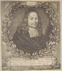 Peisker, Johann, 1631 - 1711, Langenberg bei Gera, , Rektor der Stadtschule zu Wittenberg, Poet. Laur. Caes. (Kirchenlieder), Portrait, KUPFERSTICH / RADIERUNG:, D. Schneider pinx.   Bartsch sc.