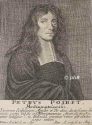 Poiret, Pierre, 1646 - 1719, Metz, Rijnsburg bei Leiden, Franzs. protestant. Theologe, Philosoph u. Mystiker. 1667 Hanau, 1668 Prediger in Heidelberg, zu Otterberg, Frankenthal, Mannheim, Anweiler, gab sein Pfarramt auf um die religise Schwrmerin Antoinette Bourignon aufzusuchen, lebte mit ihr in Hamburg u. Lttetsburg bei Norden in Ostfriesland, nach ihrem Tod in Amsterdam, seit 1688 in Rheinsberg bei Leiden., Portrait, KUPFERSTICH:, [Jan van Somer pinx.]  ohne Stechernamen [um 1725]