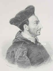 Borromeo (Borromus), Carlo, hl., 1538 - 1584, Arona (Lago Maggiore), Mailand, Italienischer Kirchenfrst der Gegenreformation, 1560 Kardinal, ppstl. Geheimsekretr, 1564 Erzbischof von Mailand, wirkte fr eine Reform der Orden (daher 1569 ein Mordversuch auf ihn ), 1610 kanonisiert.  Patron des Bistums Lugano, der Universitt Salzburg und der Seelsorger., Portrait, KUPFERSTICH:, Geille del. et sc.  [um 1830]