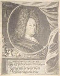 Schlegel, Christian, 1667 - 1722, Saalfeld, , Numismathiker, Biograph. Dresden, 1700 Bibliothekar in Arnstadt, 1712 Gotha., Portrait, KUPFERSTICH:, Gravé par Ph. Endlich graveur de SA.S.Mgr: le Landgrave de HC: