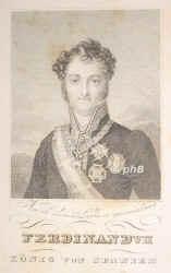 SPANIEN: Ferdinand (Fernando) VII., Knig von Spanien, 1784 - 1833, San Ildefonso, Madrid, Regent 1808 u. 181433. ltester berlebender Sohn von Knig Karl IV. (17481819) u. Maria Luisa von BourbonParma (17511819); vermhlt 1) 1802 mit Maria Antonia (17841806), Tochter von Ferdinand I. von Sizilien; 2) 1816 mit Infantin Maria Isabella (17971818), Tochter von Johann VI. von Portugal; 3) 1819 mit Josepha von Sachsen (18031829), Tochter von Prinz Maximilian; 4) 1829 mit Marie Christine (18061878), Tochter von Franz I., Knig beider Sizilien., Portrait, STAHLSTICH:, Hofmann u. Fr. Stber sc. Wien [um 1830]