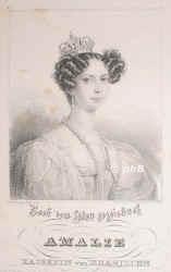 BRASILIEN: Amlie Auguste Eugnie Napolone, Kaiserin von Brasilien, geb. Prinzessin von Leuchtenberg, 1812 - 1873, Mailand, Lissabon, Tochter von Eugne de Beauharnais, Herzog von Leuchtenberg (17811824) u. Auguste von Bayern (17881851); 1829 zweite Gemahlin von Kaiser Pedro I. von Brasilien (17981834).  Mutter des nachfolgenden Kaisers Pedro II. (18251891) u. der Knigin Maria II. da Gloria von Portugal (18191853)., Portrait, STAHLSTICH:, Hanfstaengl 1829 del.   Hyrtl u. Fr. Stber sc. Wien  [1829]