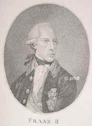 DEUTSCHES REICH, Hl.RM.: Franz II., rm.-deutscher Kaiser (ab 1806 als Franz I. Kaiser von sterreich), 1768 - 1835, Florenz, Wien, Regent 17921806, Dynastie LothringenHabsburg. ltester Sohn von Kaiser Leopold II. (17471792) u. Maria Luisa von Spanien (17451792), Tochter von Knig Karl III.; vermhlt 1) 1788 mit Elisabeth Wilhelmine von Wrttemberg (17671790); 2) 1790 mit Maria Theresia von BourbonBeide Sizilien (17721807), die Mutter aller seiner Kinder; 3) 1808 mit Maria Ludovica von sterreichEste (17871816); 4) 1816 mit Karoline Auguste von Bayern (17921873). Vater von Napoleons zweiter Gemahlin Marie Louise (17911847), von Kaiser Ferdinand I. (17931875) u. Erzherzog Franz Carl (18021878).  Nannte sich seit 1804 (als Reaktion auf die Kaiserkrnung Napoleons) 