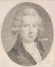 Pitt, William d.J., 1759 - 1806, Hayes bei Bromley (Kent), Putney bei London, Zweiter Sohn von William Pitt d.., 1st Earl of Chatham (17081778).  Fhrender englischer Staatsmann, 1783 Schatzkanzler, 17831801 u. 180406 Premierminister.  Wegen seiner konservativen Haltung vom franzs. Konvent fr den Feind des Menschengeschlechts erklrt., Portrait, PUNKTIERSTICH:, Monogrammist: R. f[ecit] [um 1780]