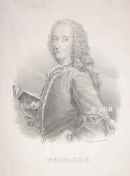 Voltaire, Marie Francoise Arouet de, 1694 - 1778, , , Schriftsteller, Dichter, Dramatiker, Historiker, Philosoph. 1750-53 in Berlin, Potsdam., Portrait, LITHOGRAPHIE:, G. Kstner gez. u. gedr. [um 1830]