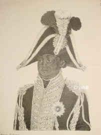 Christophe, Henri, 1767 - 1820, Grenada (als Negersklave), [erscho sich], Kaiser von Haiti. 1793 Brigadegeneral, Haupt der Negerpartei, errichtete 1811 eine erbliche Monarchie und lie sich als Heinrich I. zum Kaiser krnen., Portrait, RADIERUNG mit AQUATINTA:, schwedisch, um 1830.