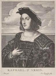 Raffael Santi, 1483 - 1520, Urbino, Rom, Der bedeutendste Maler aller Zeiten, auch Bildhauer und Architekt., Portrait, KUPFERSTICH:, Titian pinx.   De Larmessin sc.