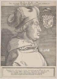 MAINZ: Albrecht IV. von Brandenburg, Kurfrst und Erzbischof von Mainz, 1490 - 1545, Berlin, Mainz, Regent 151445. Zweiter Sohn von Kurfrst Johann Cicero (145599) u. Margarethe von Sachsen, jngerer Bruder des Kurfrsten Joachim I. Nestor (14841535).   1513 Erzbischof von Magdeburg und Administrator des Bistums Halberstadt, 1514 Erzbischof u. Kurfrst von Mainz, 1518 Kardinal.  Grnder der Universitt Halle. Kunstfrderer und Sammler, Matthias Grnewald war zeitweise sein Hofmaler., Portrait, KUPFERSTICH:, Albrecht Drer sc.  1523