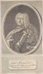 WRTTEMBERG: Karl I. Alexander, Herzog von Wrttemberg-Stuttgart, 1684 - 1737, Stuttgart, Ludwigsburg, Regent 173337. ltester Sohn von Herzog Friedrich Karl von WrttembergWinnental (16521698) u. Eleonore Juliane von BrandenburgAnsbach (16631724), Tochter von Markgraf Albrecht (16201667); vermhlt 1727 mit Marie Auguste von Thurn und Taxis (17061756), Tochter von Frst Anselm Franz (16811739).  Feldherr, kmpfte unter Prinz Eugen, 1718 Statthalter von Belgrad und Serbien., Portrait, KUPFERSTICH:, M. B[ernigeroth] fil. sc.