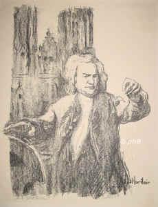 Bach, Johann Sebastian, 1685 - 1750, Eisenach, Leipzig, Musiker. 1700 in Lneburg und Hamburg., Violinist in Weimar, 1703 Organist in Arnstadt, 1707 in Mhlhausen, 1708 Hoforganist in Weimar, 1717 in Kthen, 1723 Kantor an der Thomasschule in Leipzig., Portrait, LITHOGRAPHIE:, A. E. Herstein lith., um 1930