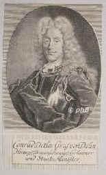 Dehn, Conrad Detlev (1726 Reichsgraf) von, 1688 - 1753, , Den Haag, Sohn eines dnischen Obristen, Page am Wolfenbtteler Hof, Gnstling und Minister Herzog August Wilhelms (reg. 171431), nach dessen Tod 1731 in dnischen Diensten: Gesandter in St. Petersburg, 173642 Amtsmann in Steinburg (Holstein), 1742 Gesandter in Madrid, seit 1748 in Den Haag. Mundschenk in Gandersheim, Erbherr auf Wendhausen, Schningen etc., Portrait, KUPFERSTICH der Zeit:, [Joh. Mart. Bernigeroth sc.]