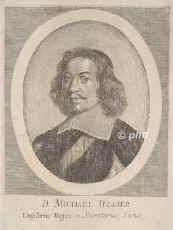 Le Tellier, Michael (I), seigneur de Chaville, 1603 - 1685, Paris, Paris, Franzsischer Staatsmann. 1624 kgl.Rat, 1631 Prokurator am Chtelet in Paris, 1640 Armeeintendant in Piemont, 164366 Staatssekretr im Kriegsministerium (verzichtete zugunsten seines Sohne Louvois), seit 1661 Staasminister (Heeresreform), 1677 Kanzler des Knigreichs, 1685 hauptbeteiligt an der Widerrufung des Edikts von Nantes., Portrait, KUPFERSTICH:, ohne Adresse [1682]