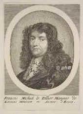 Louvois, Francois-Michel Le Tellier, seigneur de Chaville, marquis de, 1641 - 1691, Paris, Versailles, Franzsischer Staatsmann. Sohn u. seit 1662 Mitarbeiter von Michel Le Tellier (160385), 1668 Kriegsminister Ludwigs XIV.  Reformer u. Reorganisator des franz. Heerwesens. Hauptverantwortlicher fr die Durchfhrung der Runions im Elsa, des berfalls auf Straburg 1681, der Dragonaden gegen die Hugenotten, der Verwstung der Pfalz. [> Le Tellier], Portrait, KUPFERSTICH der Zeit:, [Merian exc., 1691]