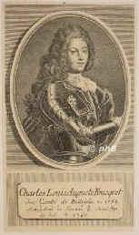 Belle-Isle, Charles Louis Auguste Fouquet, duc de, 1684 - 1761, VillefrancheRouergue, , Marechal de france, kniglicher Minister, Schriftsteller. 1733 Gouverneur von Metz, 1734 Chef der Armee an der Mosel, erobert Trarbach, 1742 in Prag belagert, meisterhafter Rckzug, 1744 in Elbingerode arretiert, ber Cuxhafen nach England gebracht, 1746 in Italien, 1757 Kriegsminister. (> Fouquet, Foucquet), Portrait, KUPFERSTICH:, J. M. B[ernigeroth] sc.