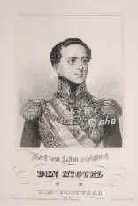 PORTUGAL: Michael (Miguel) I., Knig von Portugal, 1802 - 1866, Lissabon, Karlshhe (Schlo) bei Bronnbach, Regent 18281834, Usurpator. Dritter Sohn von Knig Joao VI. (17671826) u. Carlota von Spanien (17751830); vermhlt 1851 mit Prinzessin Adelheid von LwensteinWertheimRosenberg (18311909).  Von seinem lteren Bruder Pedro I., der, da 1822 zum ersten Kaiser des unabhngigen Brasilien proklamiert, 1826 zugunsten seiner 7jhrigen Tochter Maria da Gloria auf die Krone Portugals verzichtet hatte, 1827 zum Regenten eingesetzt, proklamierte er sich selbst 1828 zum Knig, 1834 zum Thronverzicht gezwungen, lebte seitdem auf Schlo Heubach bei Miltenberg und auf Schlo Bronnbach bei Wertheim in Baden. [> Miguel, Dom, Portrait, STAHLSTICH:, Nach d. Leben gez. v. Gonsalva   Jos. u. Fr. Stber sc. [um 1840]