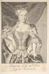 SPANIEN: Elisabetha Farnese, Königin von Spanien, geb. Prinzessin von Parma, 1692 - 1766, Parma, Aranjuez, Tochter von Erbprinz Odoardo II. von Parma (1666–1693) u. Dorothea Sophie von Neuburg (1670–1748) [Tochter von Herzog Philipp Wilhelm, Kurfürst von der Pfalz (1615–1690)]; 1714 zweite Gemahlin von Philipp V. (1683–1746), König von Spanien 1700–24 u. König von Neapel u. Sizilien 1700–13., Portrait, KUPFERSTICH:, Sysang sc.