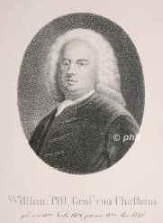 Pitt, William d.Ä., 1766 1.Earl of Chatham, 1708 - 1778, London, Hayes bei Bromley (Kent), Führender englischer Staatsmann während des Siebenjähr. Krieges, 1746 Viceschatzmeister von Irland, 1756-61 Staatssekretär, 1766–58 Premierminister. Dichter. – Vater von William Pitt d.J., Portrait, LITHOGRAPHIE:, deutsch, um 1820