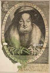 ENGLAND: Heinrich (Henry) VIII., Knig von England u. Irland, 1491 - 1547, Greenwich Palace, London, Regent 150947, Haus Tudor. Zweiter (ltester berlebender) Sohn u. Nachfolger von Knig Heinrich VII. (14561509) u. Elizabeth of York Plantagenet (14651503), Tochter von Knig Eduard IV.; vermhlt 1) 1509 mit Catalina von Aragon (14851536), geschieden 1533; 2) 1533 Anna Boleyn (15071536), enthauptet; 3) 1536 Jane Seymour (15091537); 4) 1539 Anna von Cleve (15151557), geschieden 1539; 5) 1540 Catherine Howard (15201542, enthauptet); 6) 1543 Catherine Parr (c.15121548).  Fhrte 1535 die Lsung der englischen von der ppstlichen Kirche durch (Act of Supremacy)., Portrait, KUPFERSTICH:, Pet. Iselburg exc. 1616.