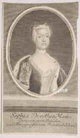 BRANDENBURG-PREUSSEN: Sophia Dorothea Marie, Prinzessin von Preuen, 1734 Markgrfin von Brandenburg-Schwedt, 1719 - 1765, Berlin, Schwedt, Vierte (5.) Tochter von Knig Friedrich Wilhelm I. (16881740) u. Sophia Dorothea von Grobritannien, Irland u. Hannover (16871757); vermhlt 1734 mit Markgraf Friedrich Wilhelm von BrandenburgSchwedt (17001771)., Portrait, KUPFERSTICH:, J. M. B[ernigeroth] sc.
