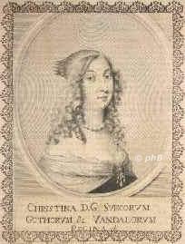 SCHWEDEN: Christina (Kristina), Knigin von Schweden, 1626 - 1689, Stockholm, Rom, Knigin 1632 unter Vormundschaft, seit 1644 selbstndig Regentin, Thronentsagung 1654, Dynastie Vasa. Tochter von Gustav II. Adolf (15941632) u. Marie Eleonore von Brandenburg (15991655), Tochter von Kurfrst Johann Sigismund von Brandenburg (15721620).  Trat 1655 in Innsbruck ffentlich zum Katholizismus ber, seit 1655 in Rom, weilte 166162 u. 166668 in Hamburg. Kunstsammlerin., Portrait, KUPFERSTICH:, [Merian exc.]